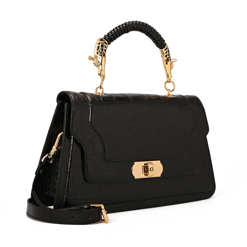 Carmen Steffens Black Croco Leather Top Handle Bag